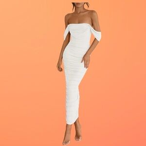PrettyGarden | NEW Elegant White Off-Shoulder Dress Ruched body